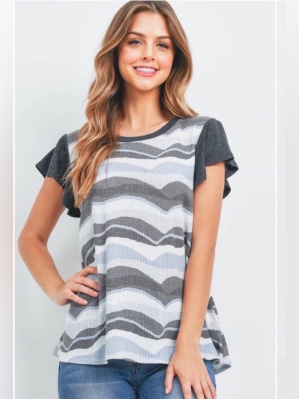New Womens Soft Light Ribbed Basic Flutter Sleeve SPRING Blouse Top